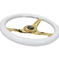 NRG Classic Wood Grain Steering Wheel (350mm) White Grip w/Chrome Gold 3-Spoke Center