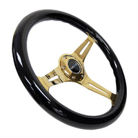 NRG Classic Wood Grain Steering Wheel (350mm) Black Grip w/Chrome Gold 3-Spoke Center