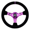 NRG Reinforced Steering Wheel (350mm / 3in. Deep) Black Suede w/Purple Center & Purple Stitching