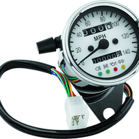 Bikers Choice 2.5 Inch Chrome 2:1 Universal Mini Speedo w LED Indicators White Face 140 Mph