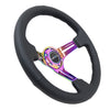 NRG Reinforced Steering Wheel (350mm / 3in. Deep) Blk Leather/Blk Stitch w/Neochrome Slits