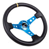 NRG Reinforced Steering Wheel (350mm / 3in. Deep) Blk Leather w/Blue Cutout Spoke & Single Yellow CM