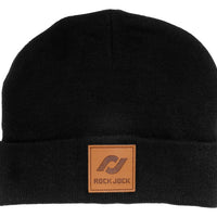 RockJock Beanie Black w/ Leather Patch RJ Logo One Size Fits All