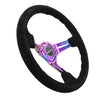 NRG Reinforced Steering Wheel (350mm / 3in. Deep) Blk Suede/Blk Stitch w/Neochrome Slits