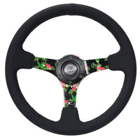 NRG Reinforced Steering Wheel (350mm / 3in. Deep) Black Suede w/ 5mm Floral 3-Spoke Center