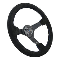 NRG Reinforced Steering Wheel (350mm / 3in. Deep) Blk Suede/Blue BBall Stitch w/5mm Matte Blk Spokes