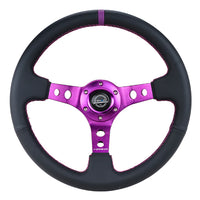 NRG Reinforced Steering Wheel (350mm / 3in. Deep) Black Leather w/Purple Center & Purple Stitching