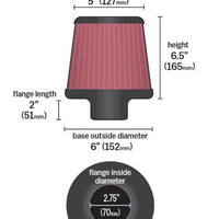 K&N Filter Universal X Stream Clamp-On 2 3/4 inch Flange 6 inch Base  5 inch Top 6 1/2 inch Height