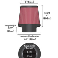 K&N Universal Clamp-On Air Filter 2-1/8in Flange 3-1/2in Base 2in Top 4in Height