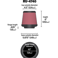 K&N Filter Universal Rubber Filter Round Tapered 4.5in  Flange 5.875in Base 4.5 inch Top 6in  Height