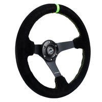 NRG Reinforced Steering Wheel 350mm/3in. Deep Blk Suede/ Neon Green Stitch w/5mm Matte Black Spoke