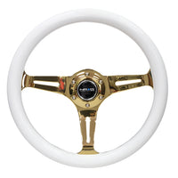 NRG Classic Wood Grain Steering Wheel (350mm) White Grip w/Chrome Gold 3-Spoke Center