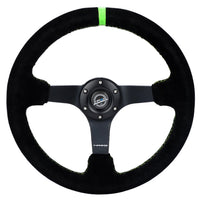 NRG Reinforced Steering Wheel 350mm/3in. Deep Blk Suede/ Neon Green Stitch w/5mm Matte Black Spoke