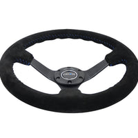 NRG Reinforced Steering Wheel (350mm / 3in. Deep) Blk Suede/Blue BBall Stitch w/5mm Matte Blk Spokes