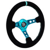 NRG Reinforced Steering Wheel (350mm/ 3in. Deep) Black Suede/ Teal Center Mark/ Teal Stitching