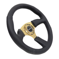 NRG Reinforced Steering Wheel (350mm / 2.5in. Deep) Leather Race Comfort Grip w/4mm Gold Spokes