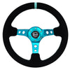 NRG Reinforced Steering Wheel (350mm/ 3in. Deep) Black Suede/ Teal Center Mark/ Teal Stitching