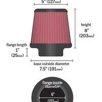 K&N Universal Air Filter 6in Flange ID x 7.5in Base / 5in OD Top x 8in H