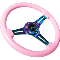 NRG Classic Wood Grain Steering Wheel (350mm) Solid Pink Painted Grip w/Neochrome 3-Spoke Center