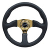 NRG Reinforced Steering Wheel (350mm / 2.5in. Deep) Leather Race Comfort Grip w/4mm Gold Spokes