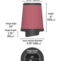 K&N Round Tapered Universal Air Filter 3.5in Flange ID / 5.75in Base OD / 3.75in Top OD / 6in H